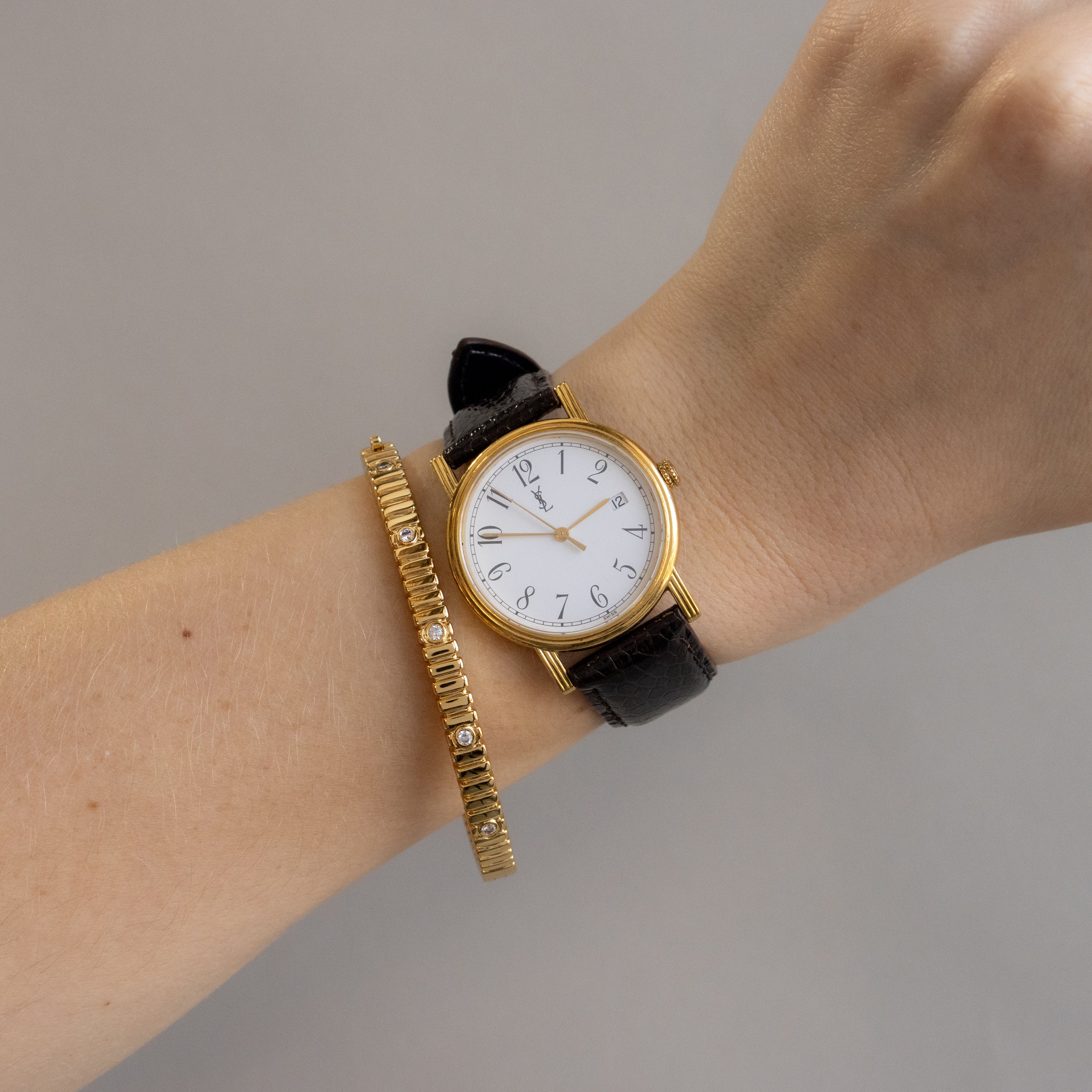 Vintage YSL Swiss Brown Leather Gold Watch