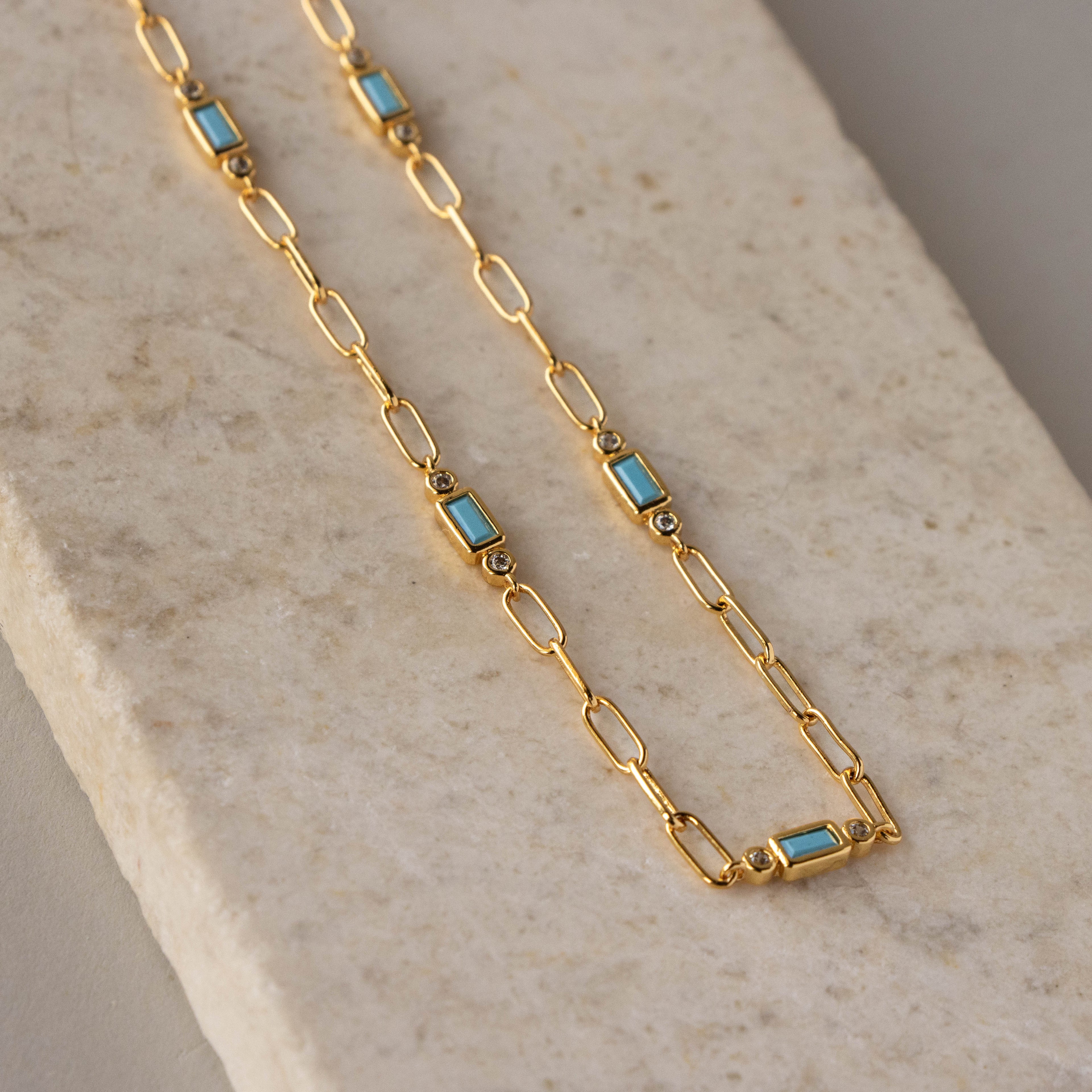 Diamond Turquoise Baguette Link Necklace