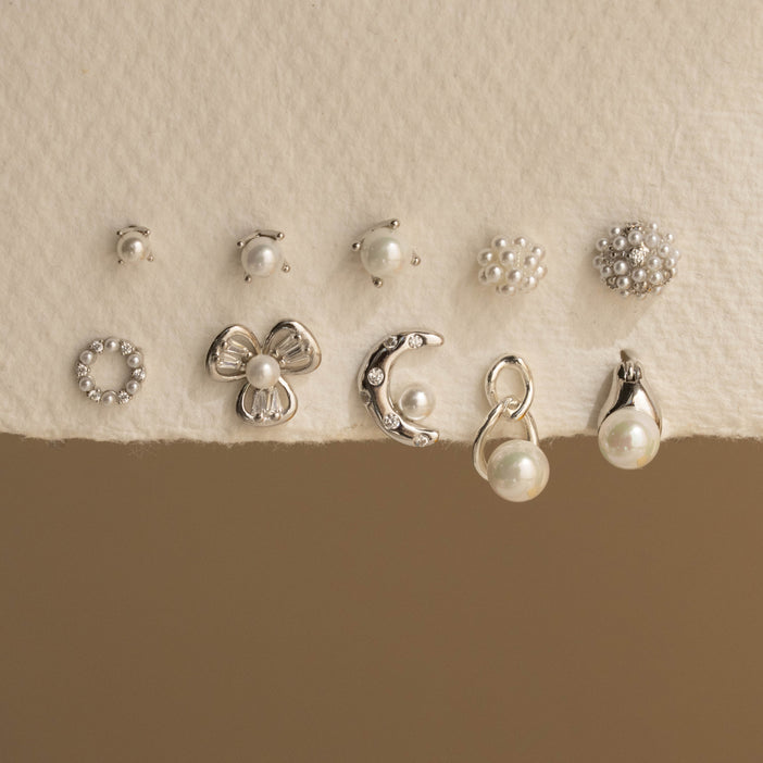 Silver Pearl Earrings Set