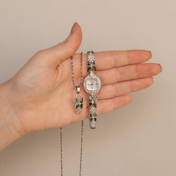 Vintage Christian Bonheur Pave Silver Watch and Necklace Set