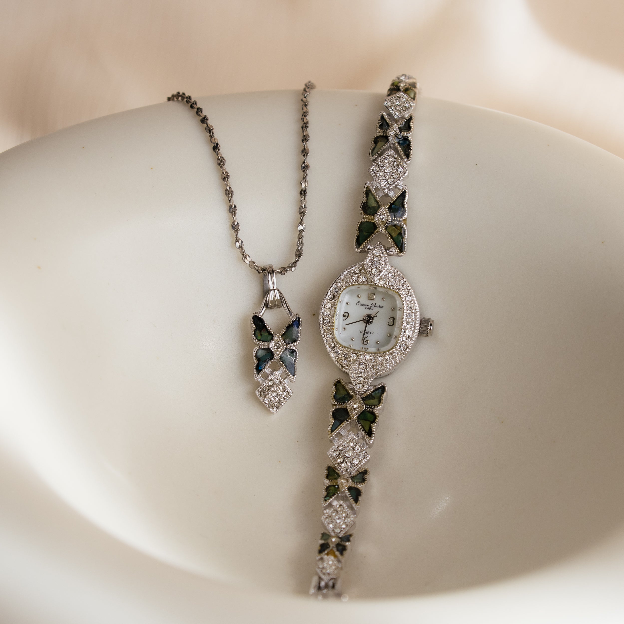 Vintage Christian Bonheur Pave Silver Watch and Necklace Set