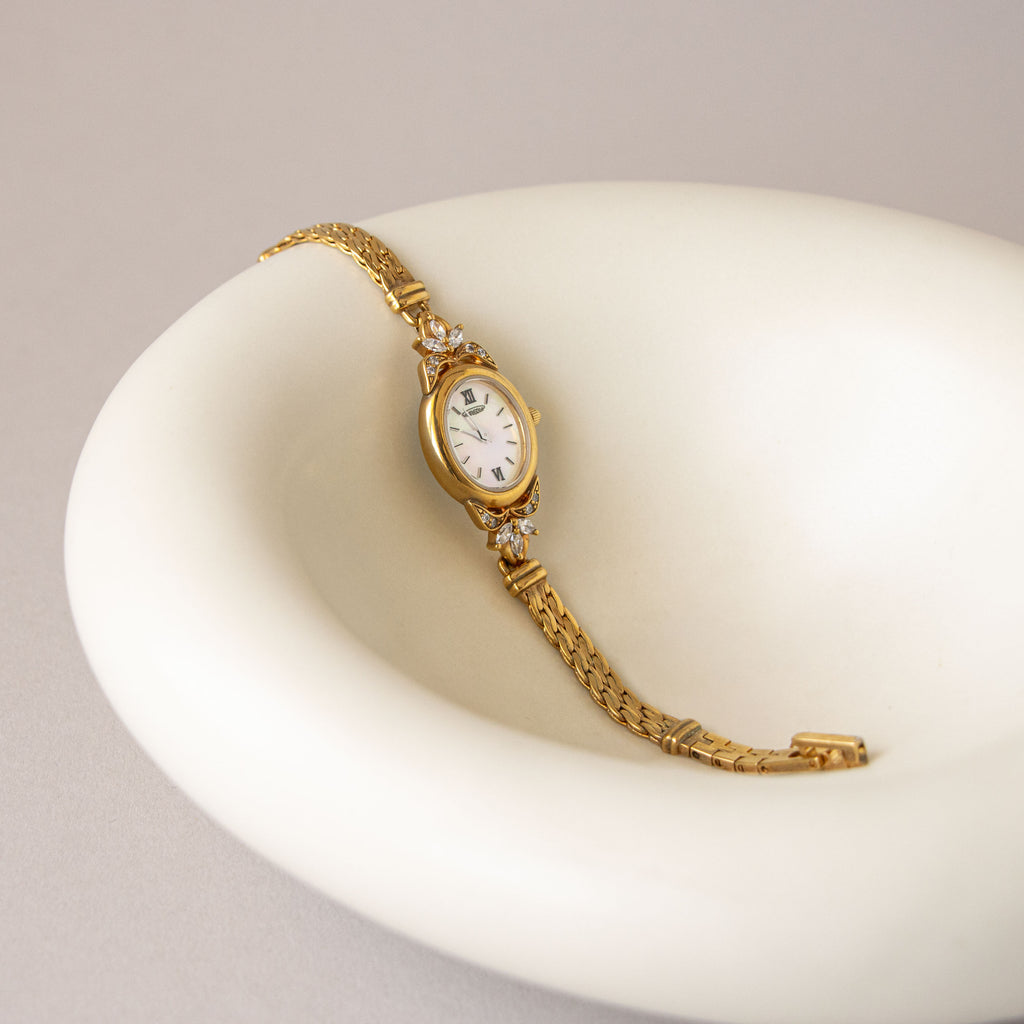 Vintage Aureole Oval Pearl Floral Gold Watch