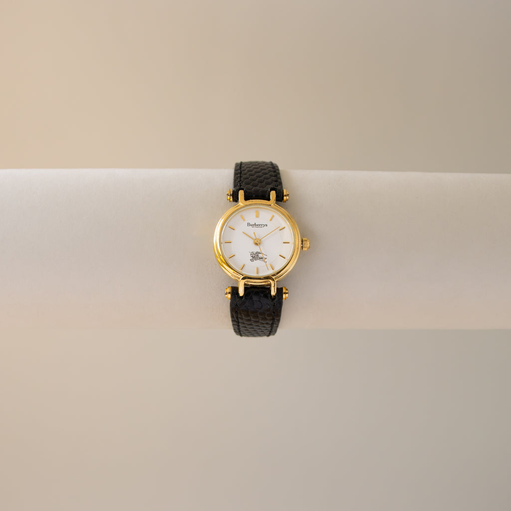 Vintage Burberrys Swiss Black Strap Gold Watch