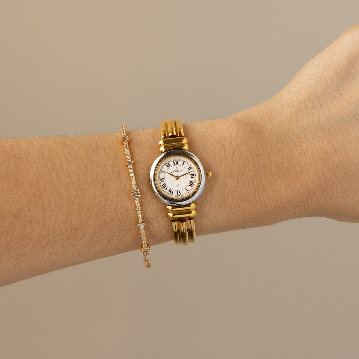 Vintage Grovana Swiss Roman Cuff Two Tone Watch