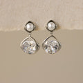 Cushion Diamond Pearl Drop Studs in Silver