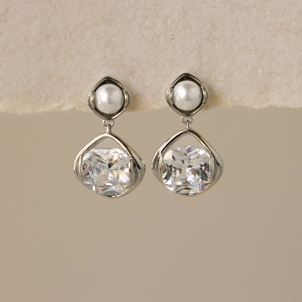 Cushion Diamond Pearl Drop Studs in Silver