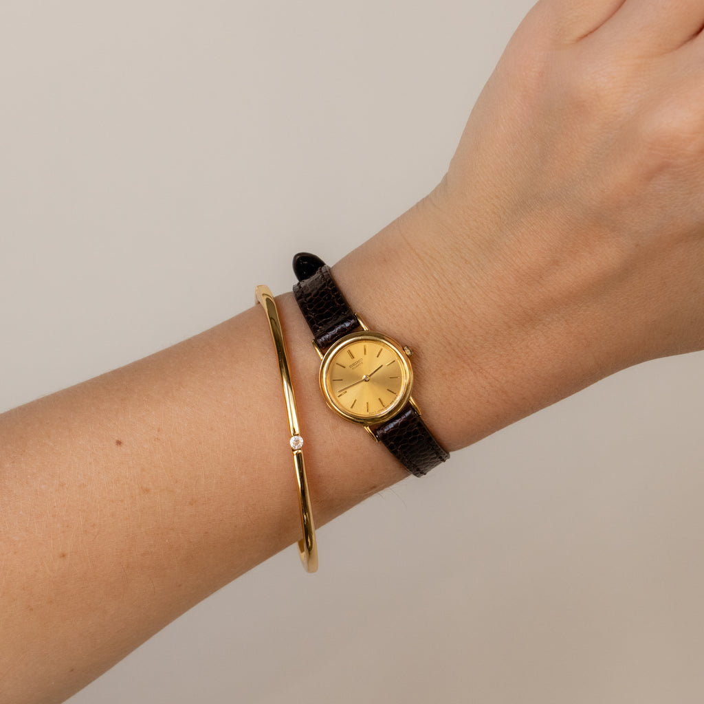 Vintage Seiko Quartz Brown Strap Gold Watch