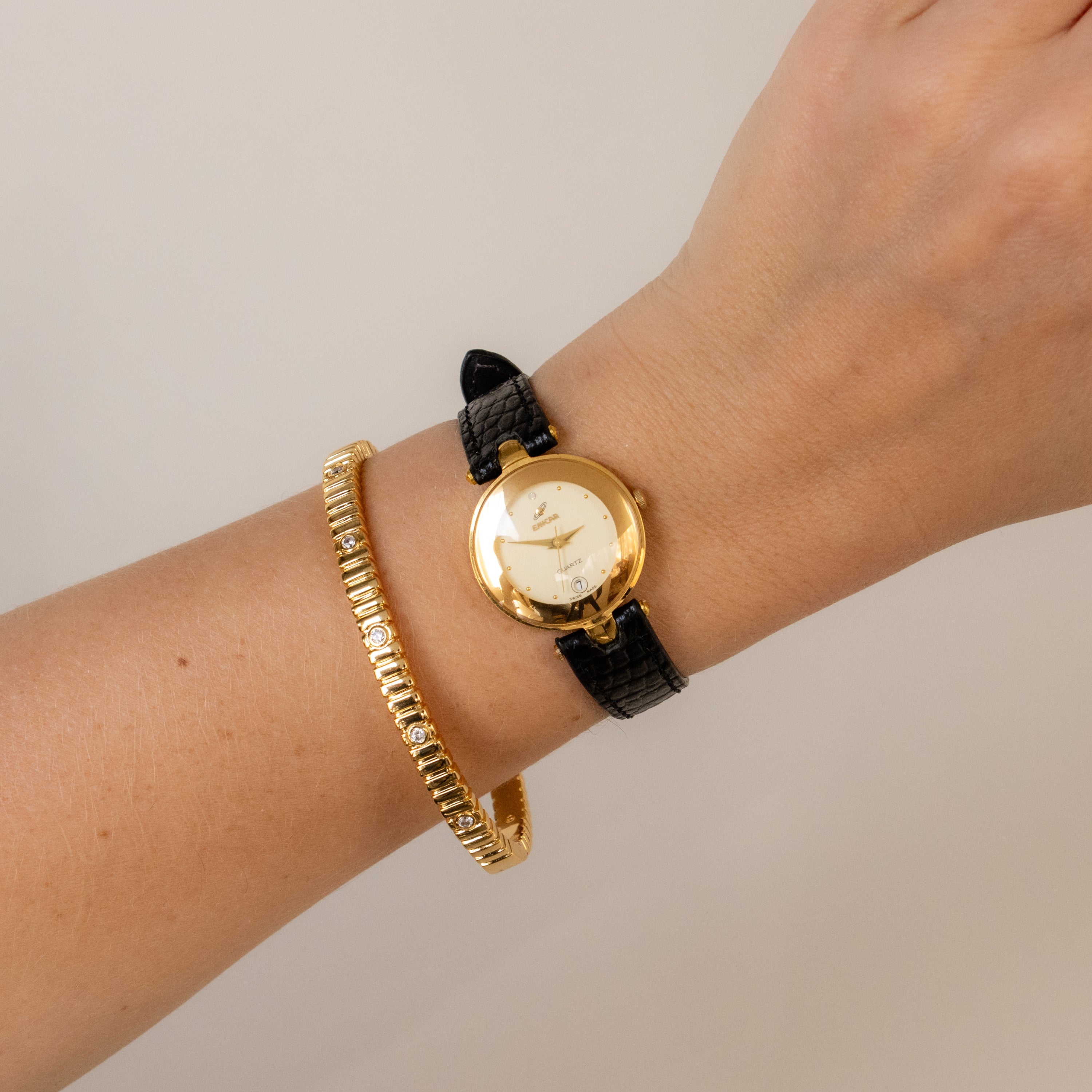 Vintage Enicar Swiss Black Strap Gold Watch