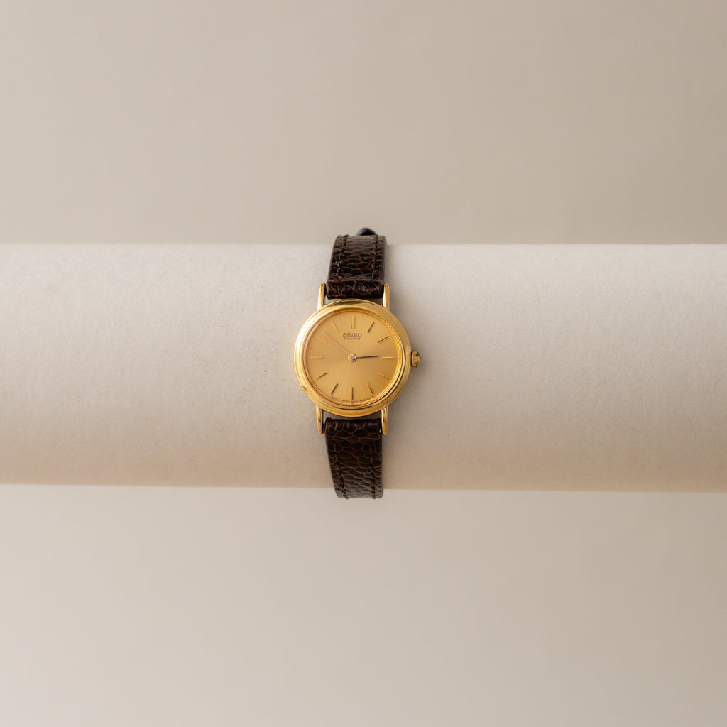 Vintage Seiko Quartz Brown Strap Gold Watch