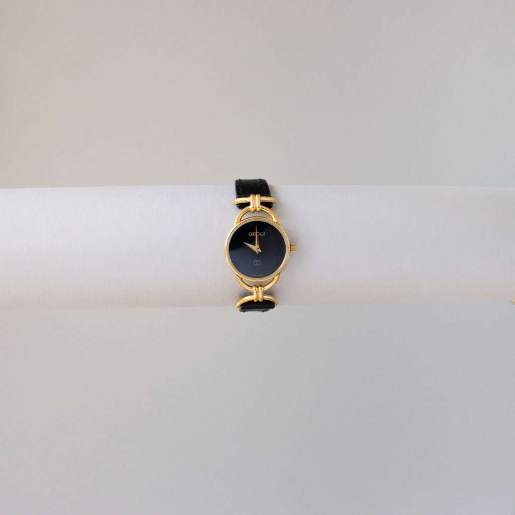 Vintage Gucci Swiss Midnight Leather Horsebit Gold Watch