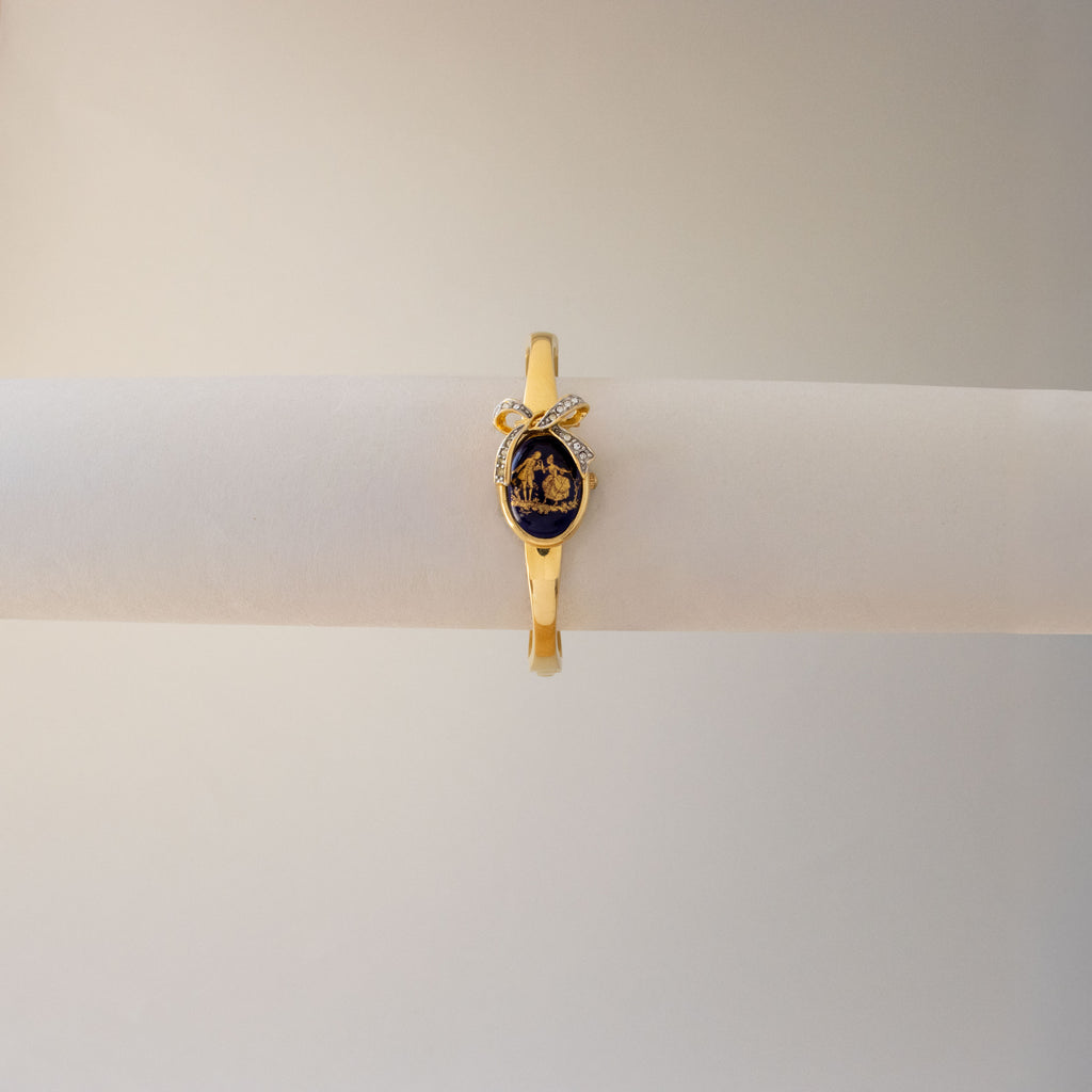 Vintage Garat Pave Bow Locket Cuff Gold Watch
