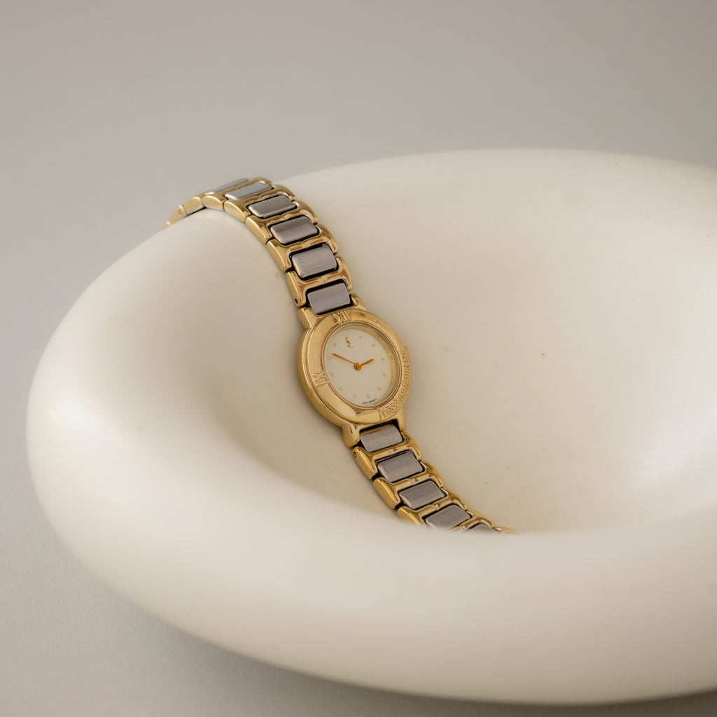 Vintage YSL Round Ribbed Two Tone Watch