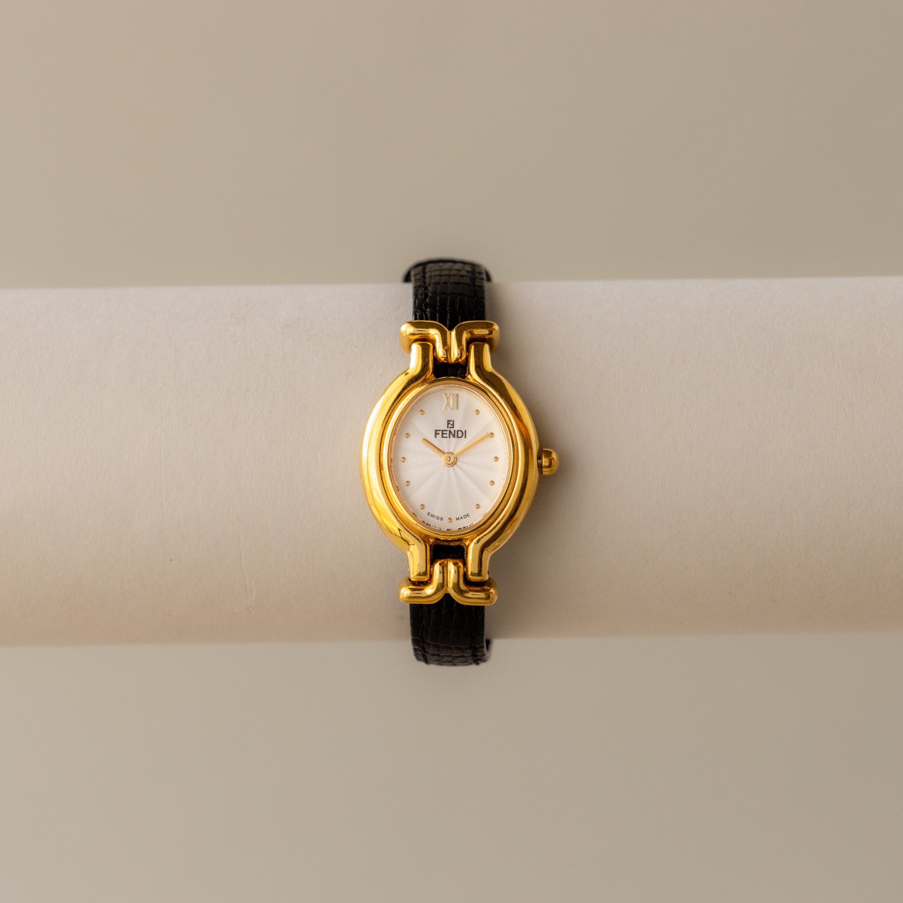 Vintage Fendi Swiss Oval Black Strap Gold Watch