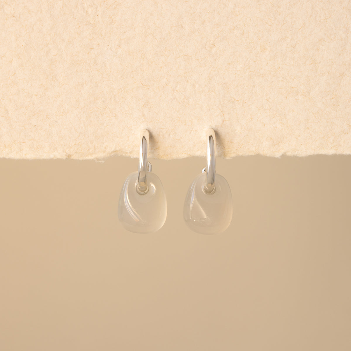Dangling White Jade Hoop Studs in Silver