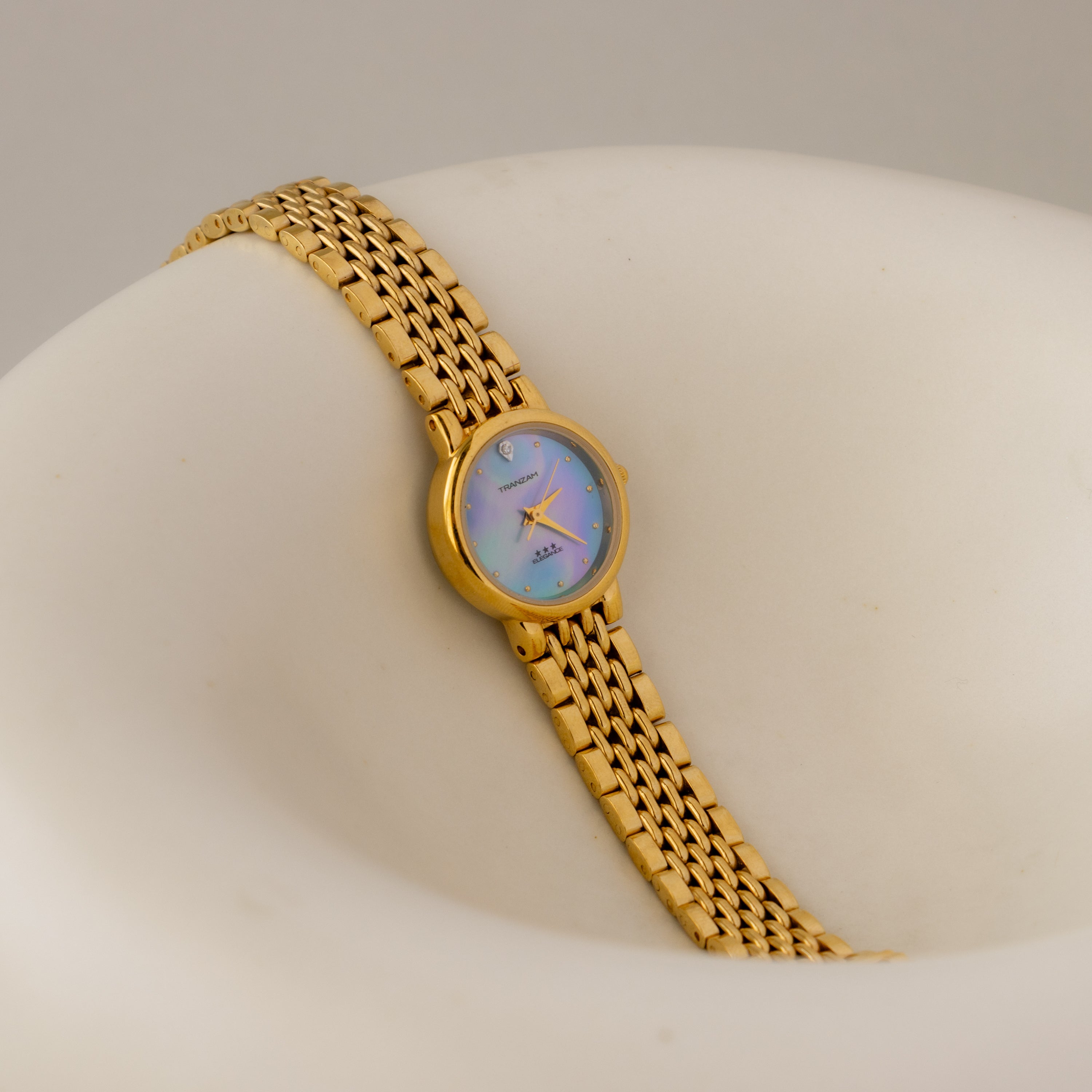 Vintage Tranzam Round Ocean Pearl Gold Watch