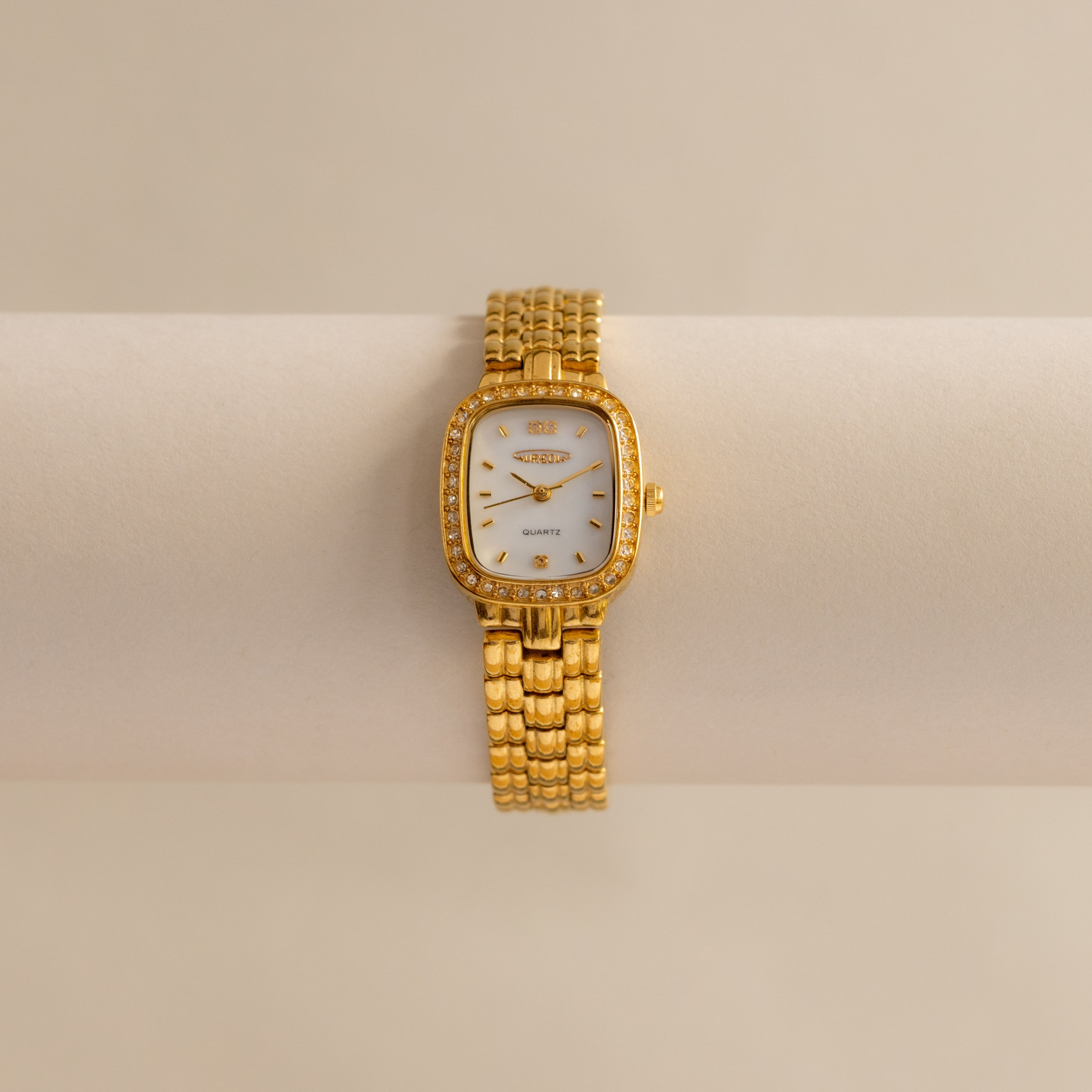 Vintage Aureole Pave Pearl Rectangular Gold Watch