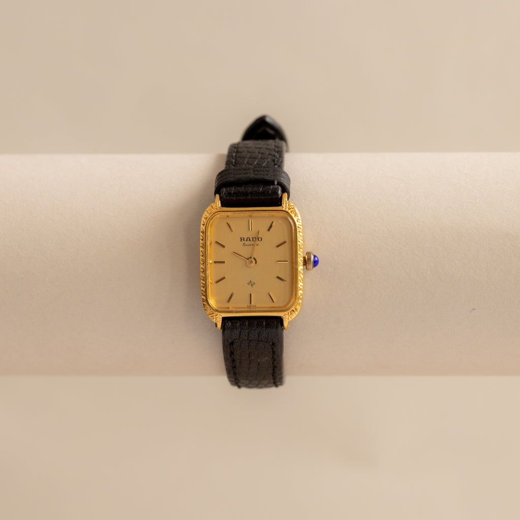 Vintage Rado Swiss Square Black Strap Gold Watch