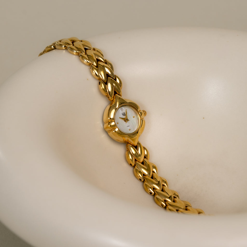 Vintage Nui Round Pearl Gold Watch