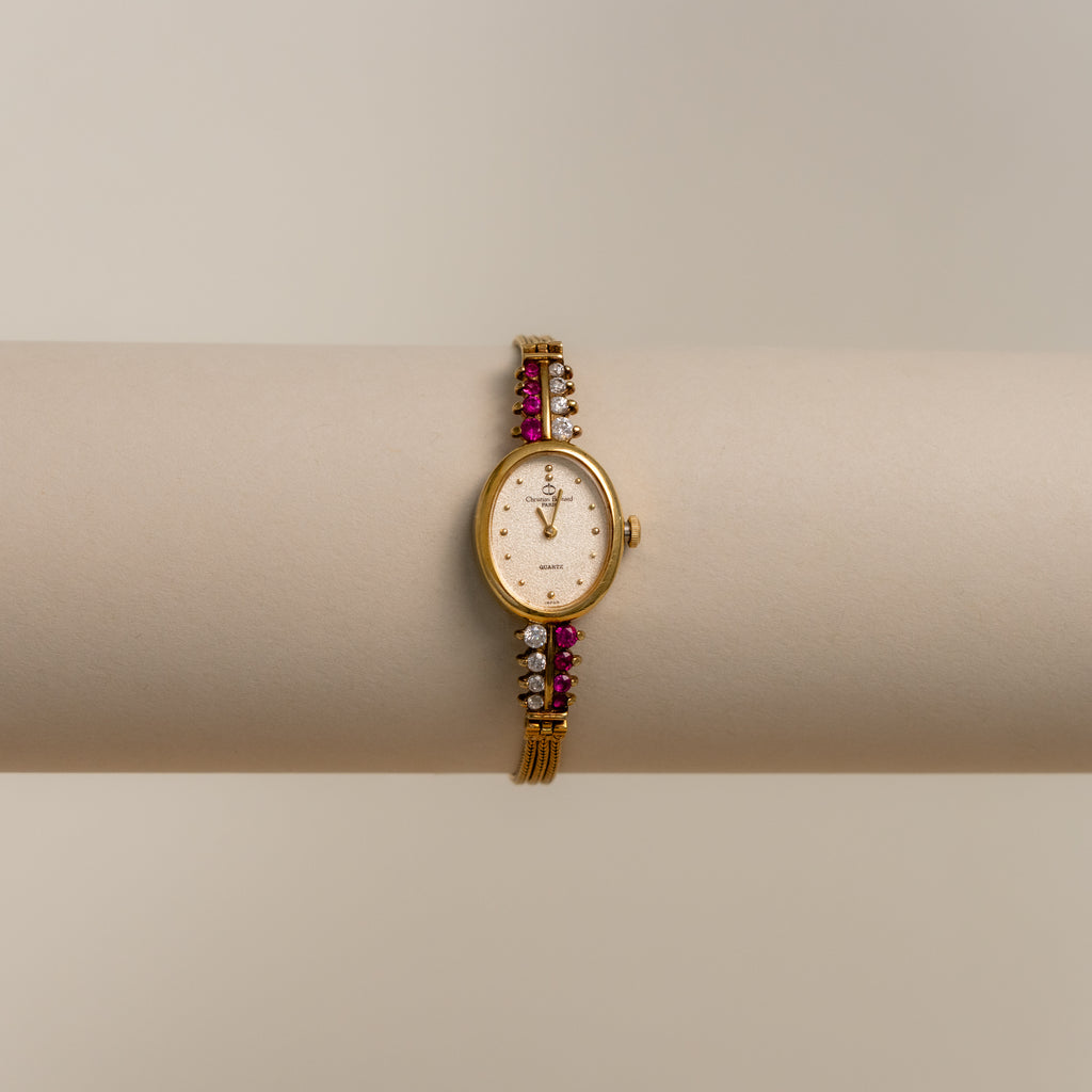 Vintage Christian Bernard Ruby Oval Gold Watch