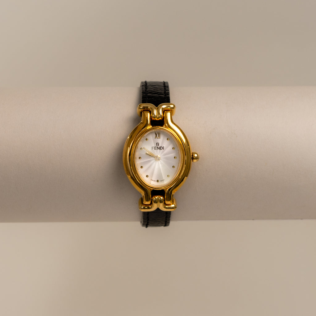 Vintage Fendi Swiss Oval Black Leather Gold Watch