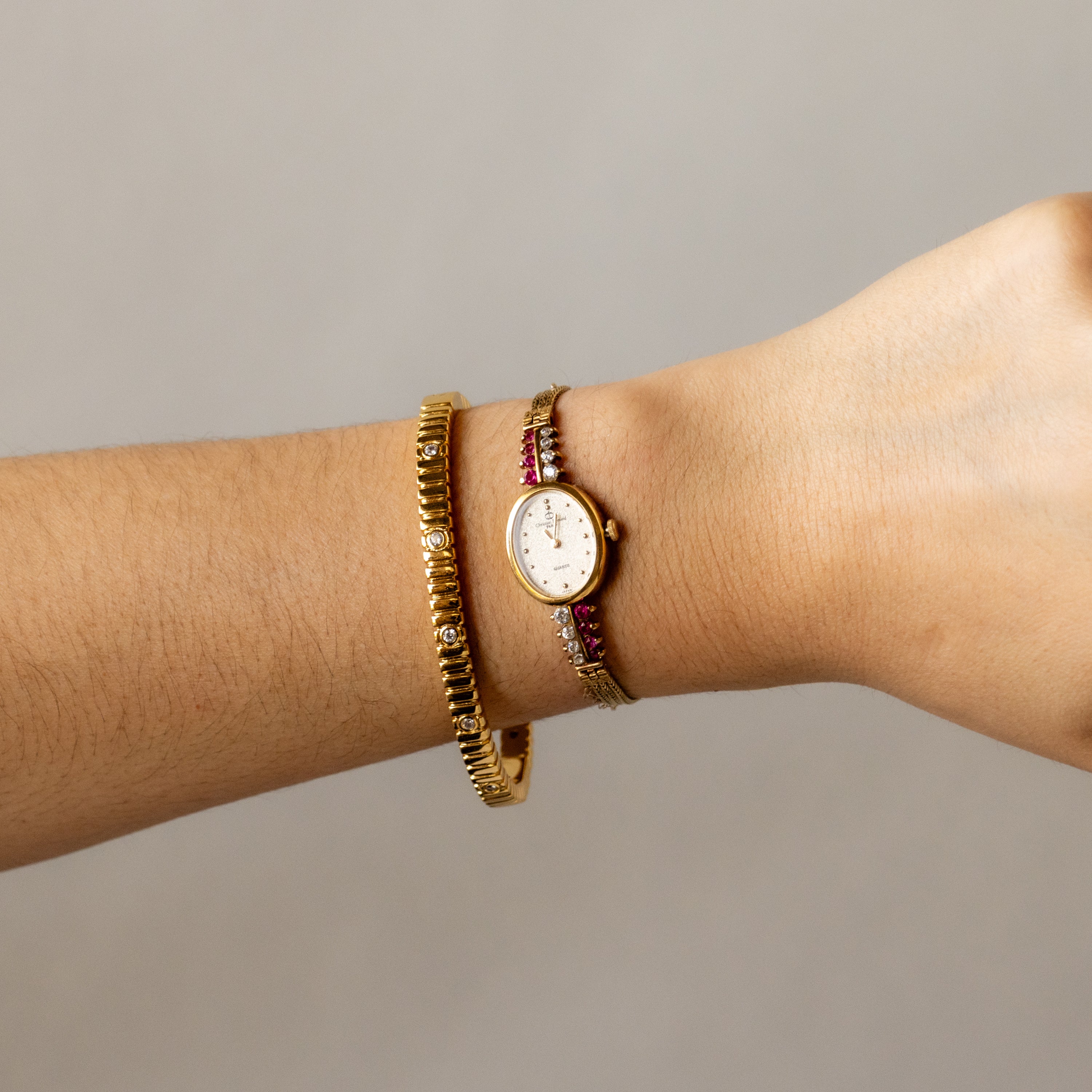 Vintage Christian Bernard Ruby Oval Gold Watch
