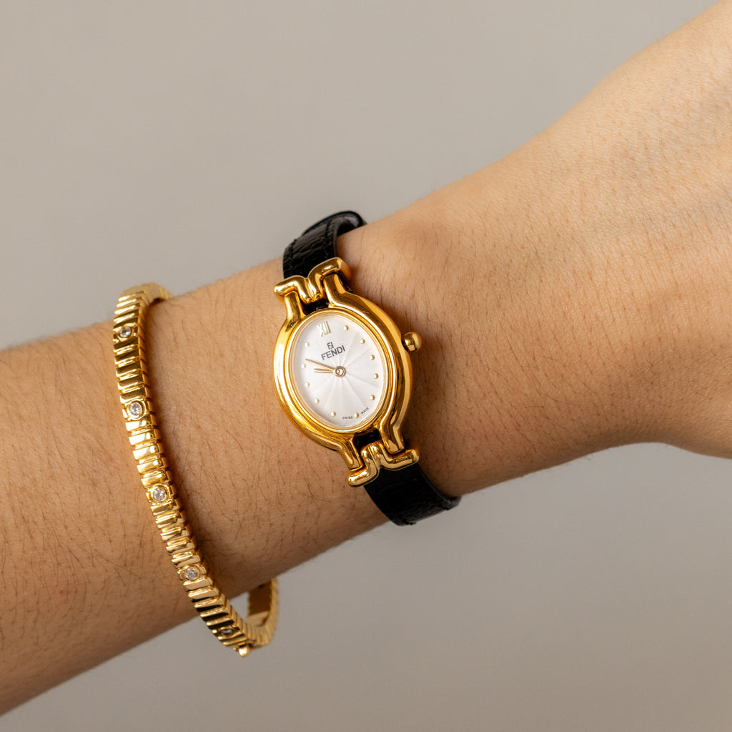 Vintage Fendi Swiss Oval Black Leather Gold Watch
