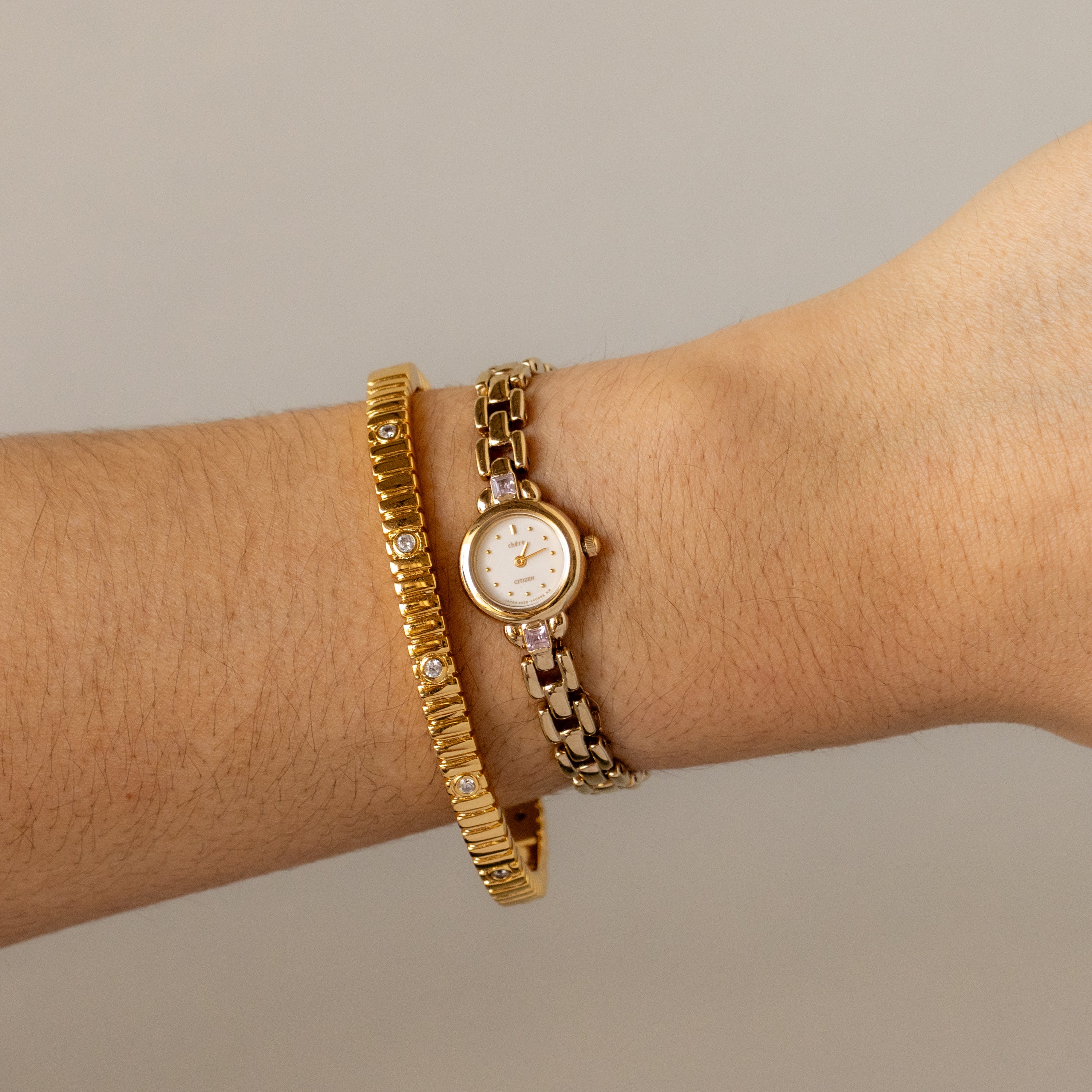 Vintage Citizen Round Pink Gemstone Gold Watch