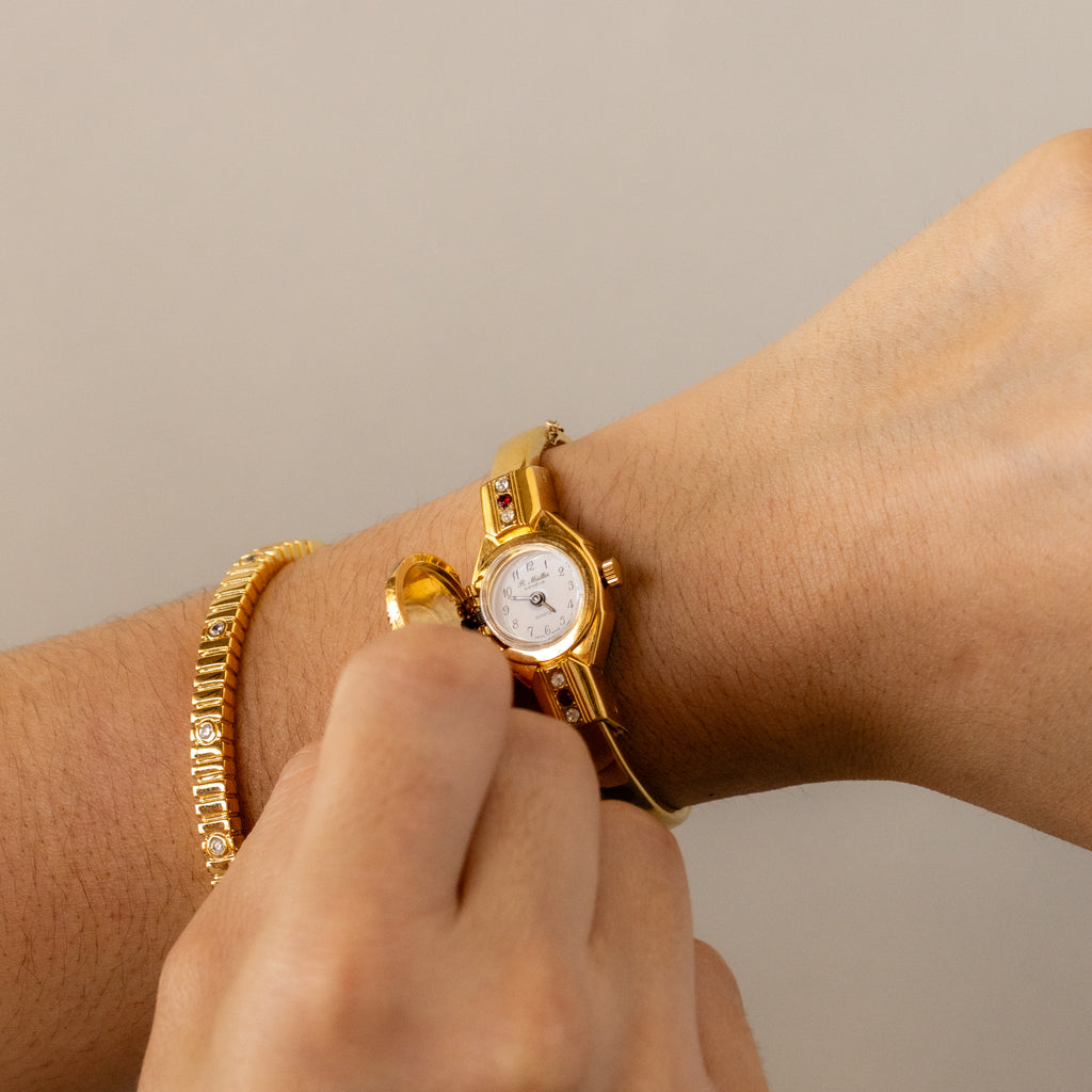 Vintage Geveve Swiss Garnet Locket Cuff Gold Watch