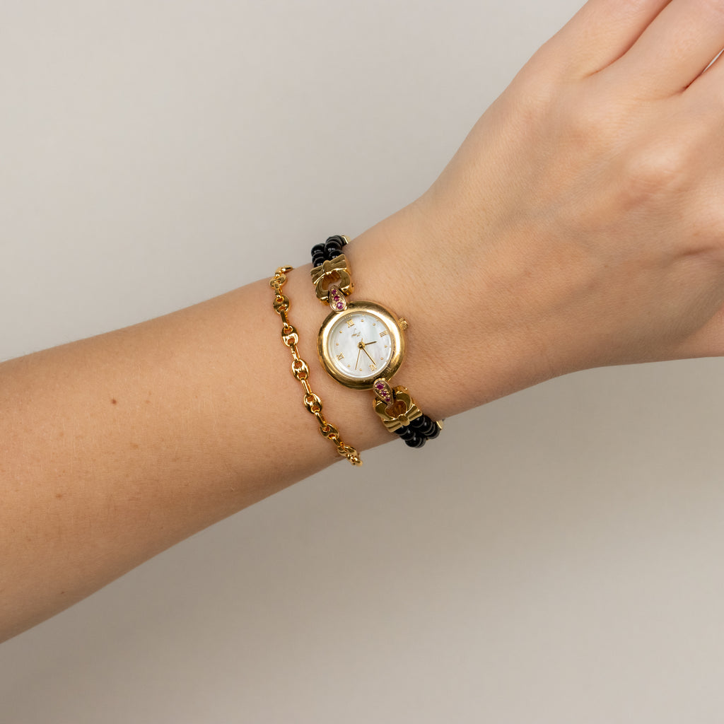 Vintage LZ Ruby Black Pearl Beaded Gold Watch