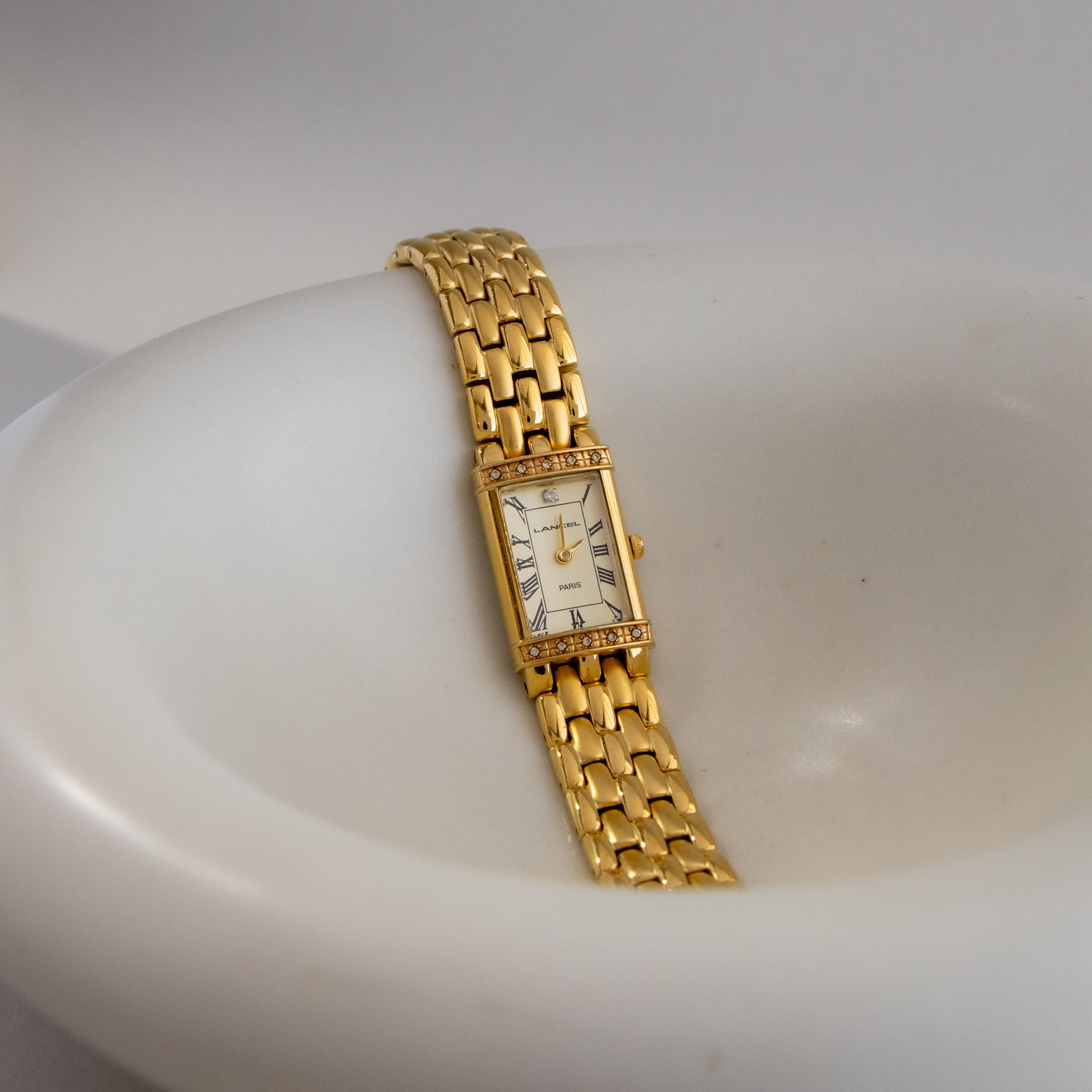 Vintage Lancel Pave Rectangular Gold Watch