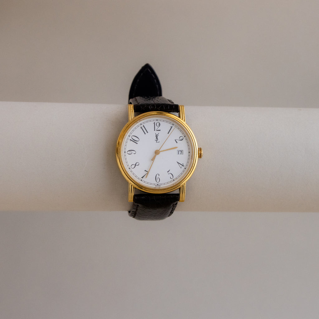 Vintage YSL Swiss Brown Leather Gold Watch