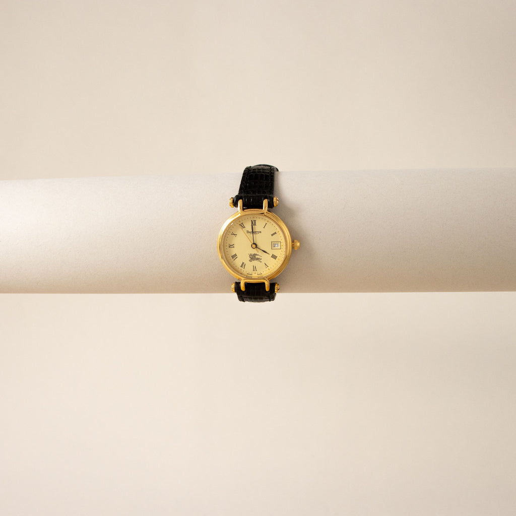 Vintage Burberrys Swiss Black Leather Gold Watch