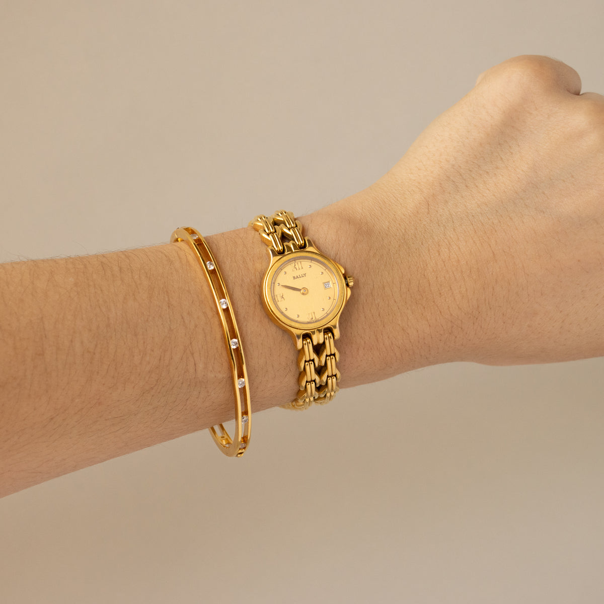 Vintage Bally Swiss Round Duo Link Gold Watch
