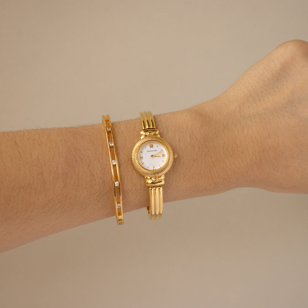 Vintage Guy Laroche Ribbed Cuff Gold Watch