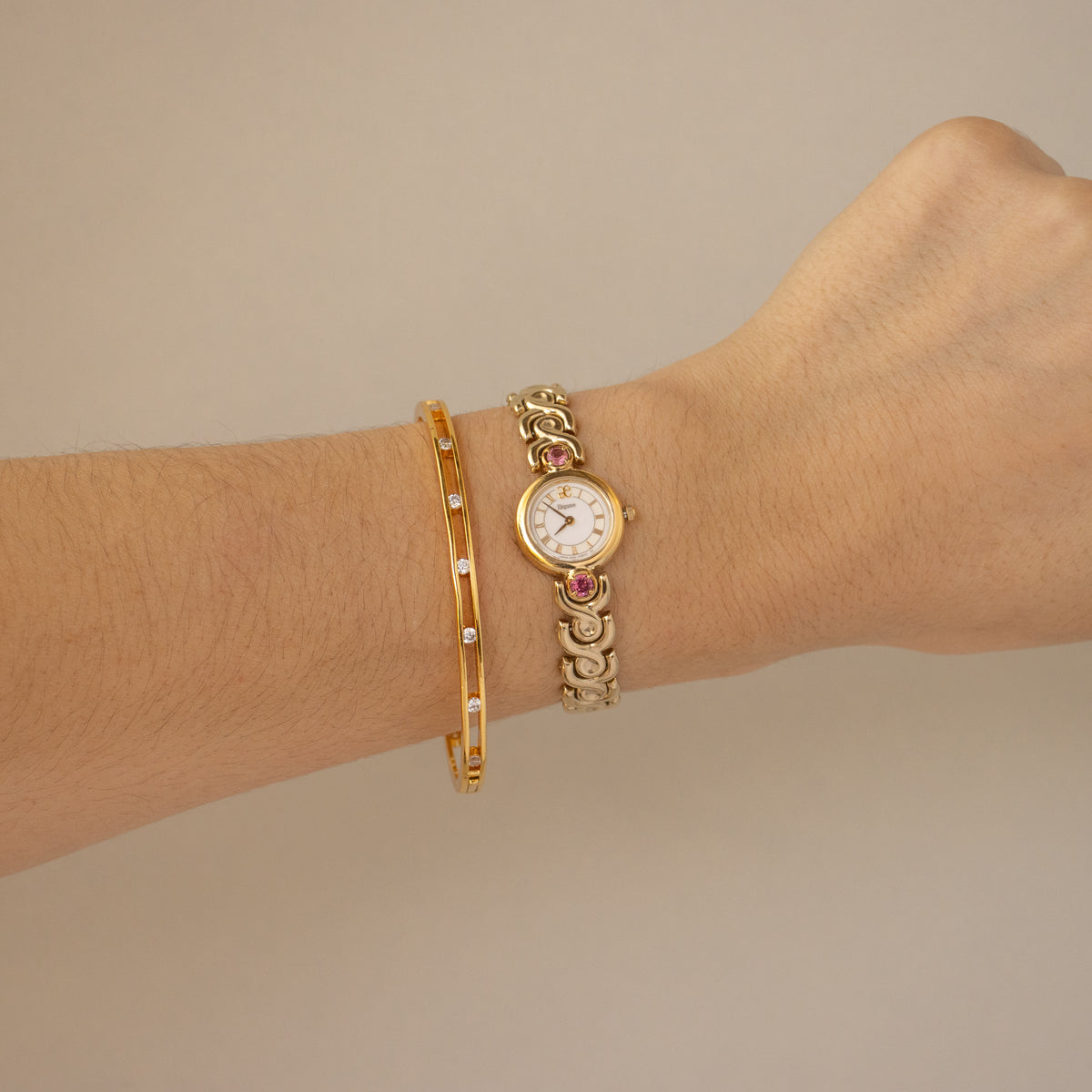 Vintage Elegance Pink Tourmaline Gold Watch