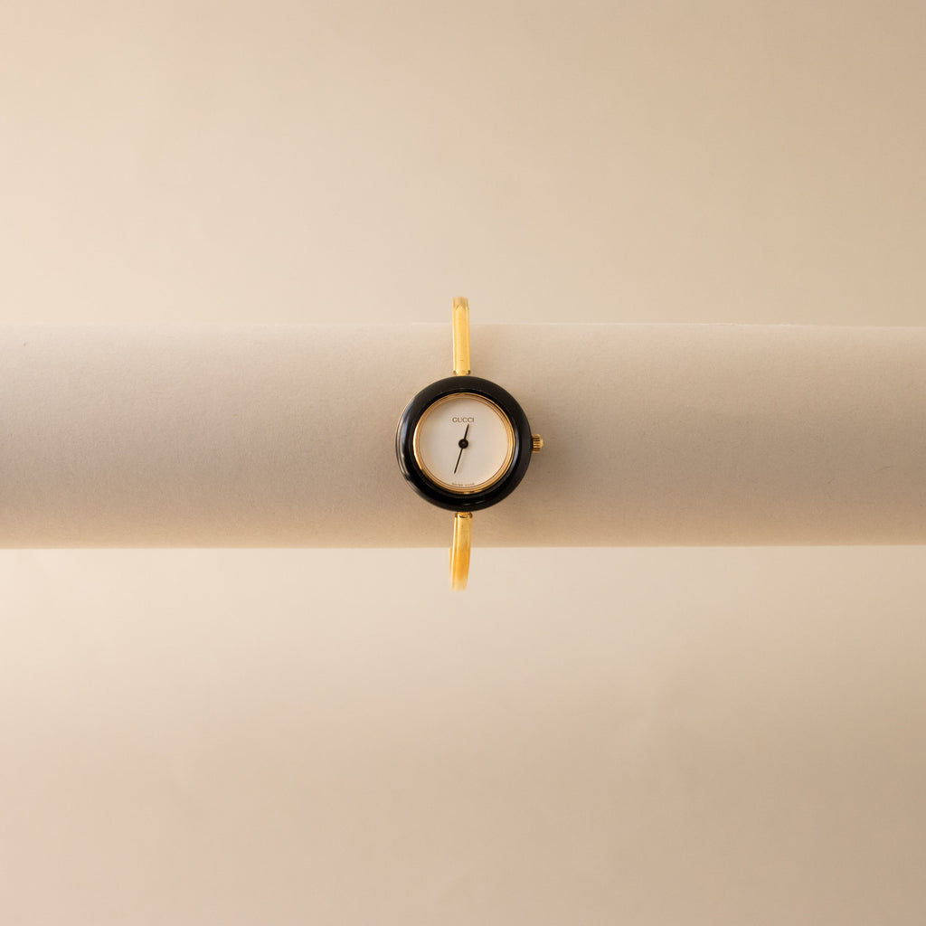 Vintage Gucci Swiss Black Bezel Cuff Gold Watch