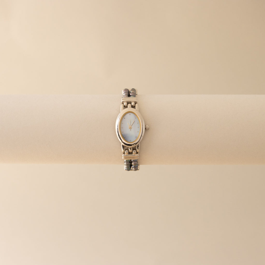 Vintage Liebe Midnight Oval Beaded Silver Watch