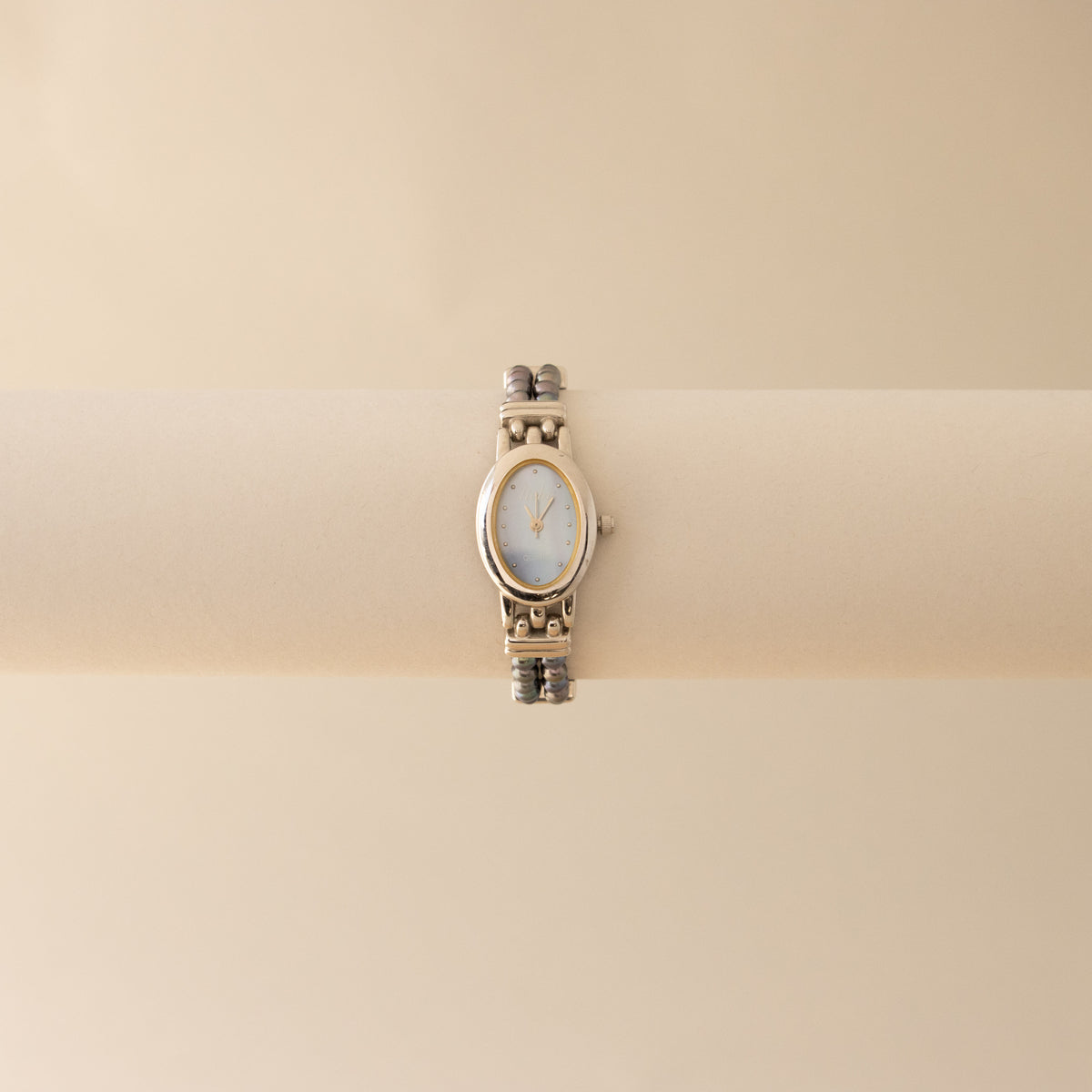 Vintage Liebe Midnight Oval Beaded Silver Watch