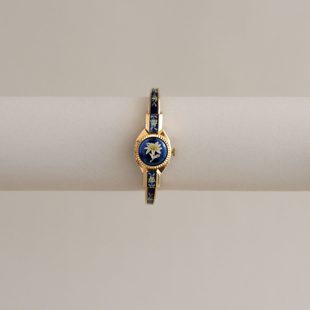 Vintage Andre Mouche Swiss Blue Floral Locket Gold Watch