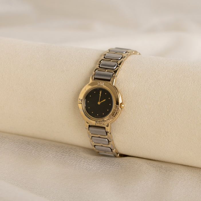 Vintage YSL Round Black Two Tone Watch