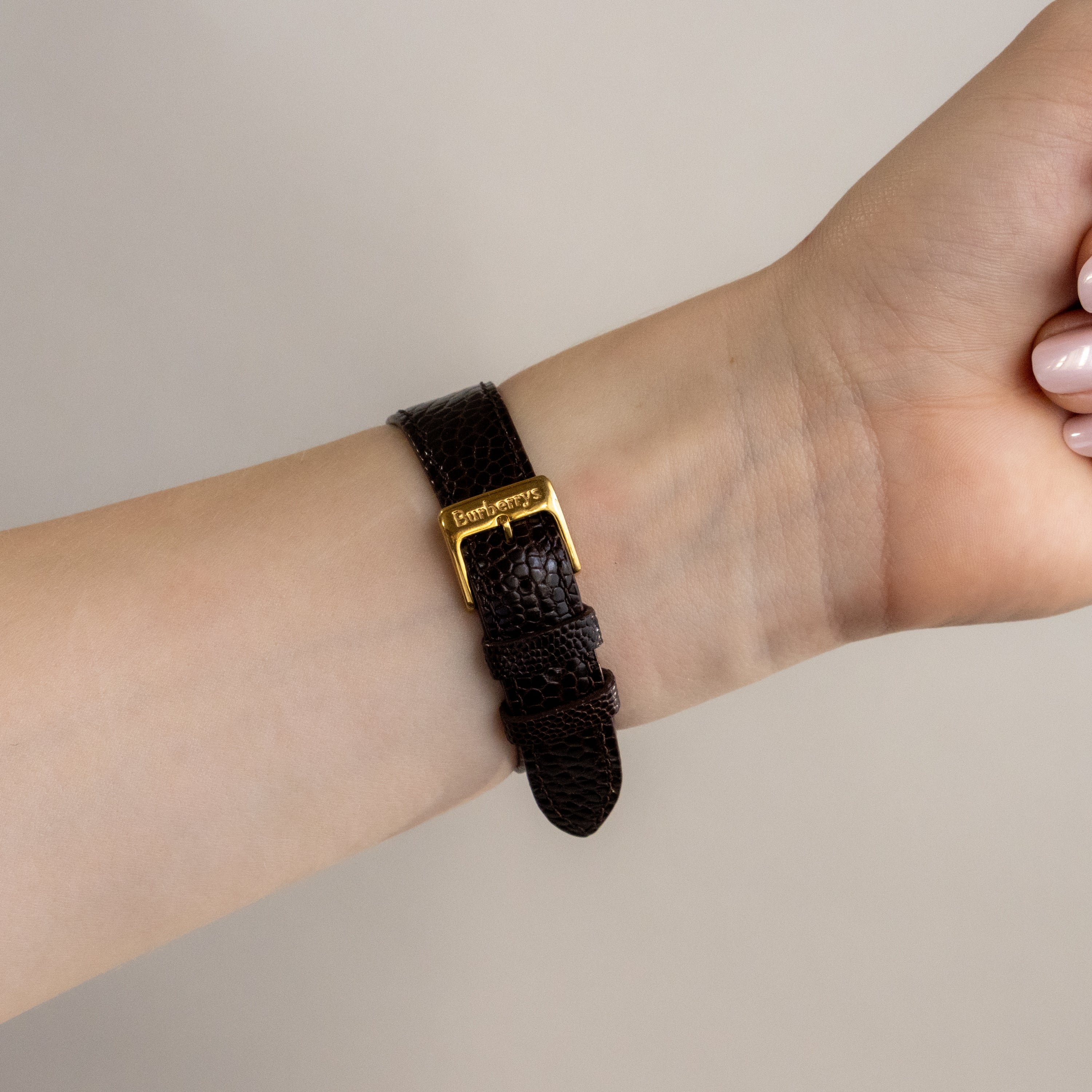 Vintage Burberrys Swiss Brown Strap Gold Watch