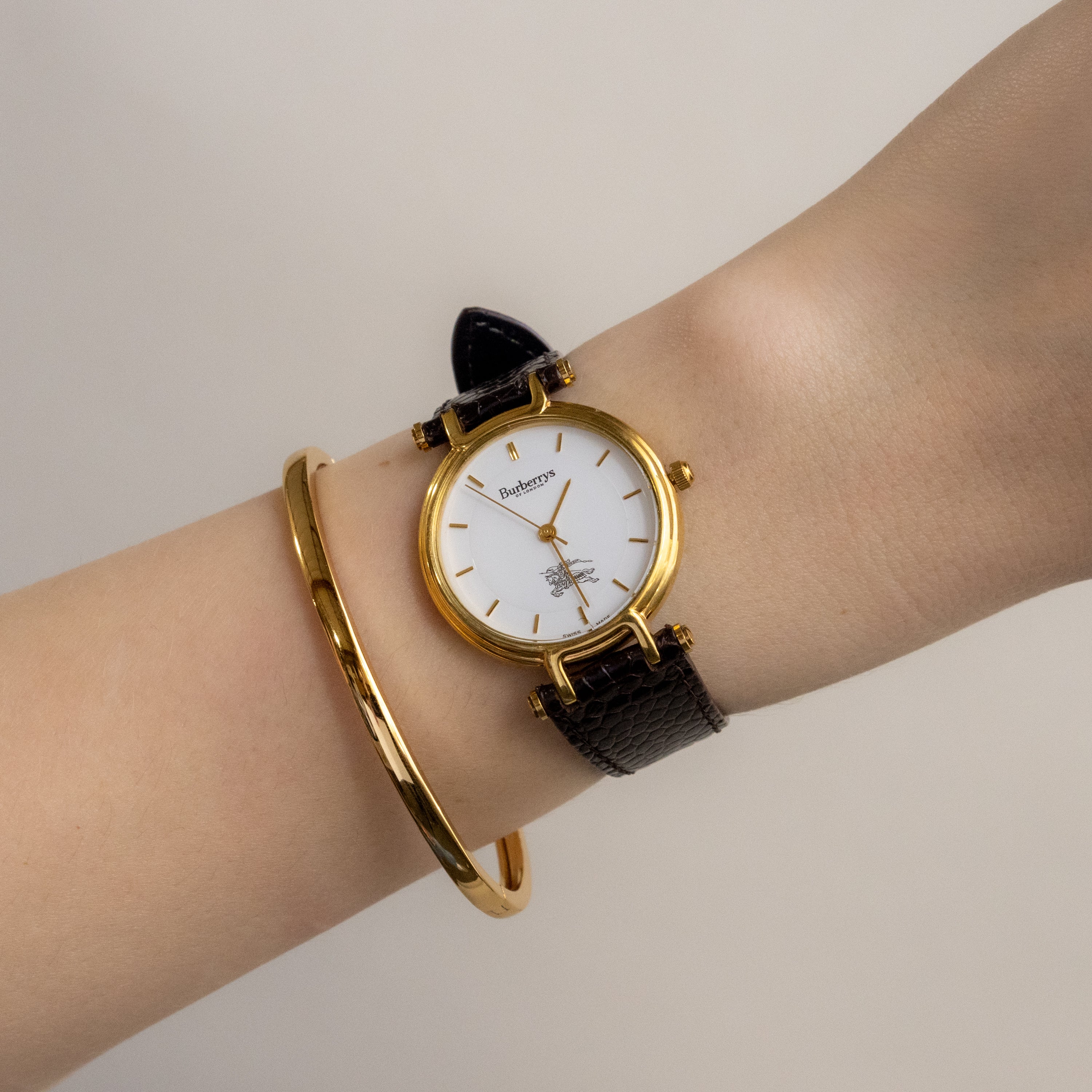 Vintage Burberrys Swiss Brown Strap Gold Watch