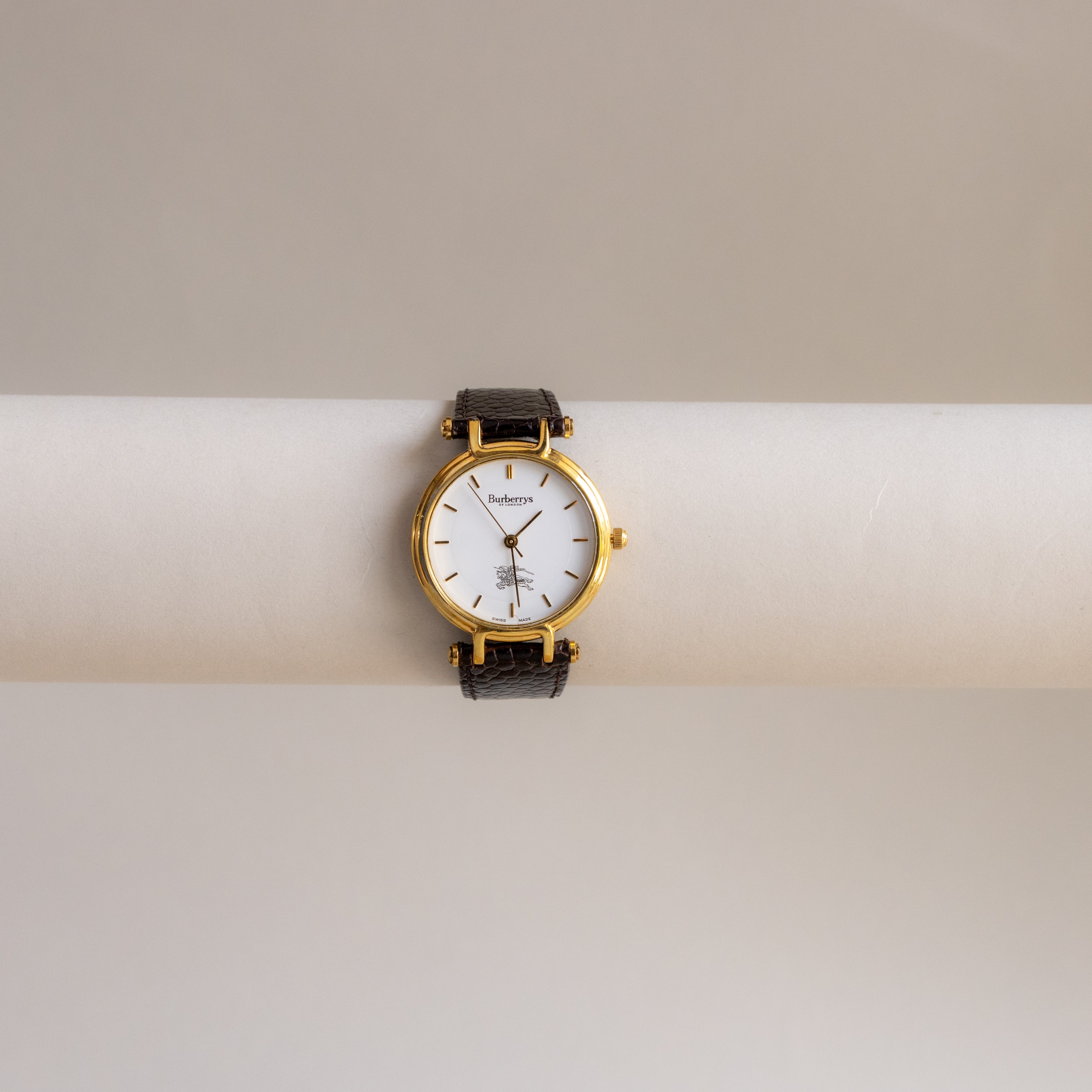 Vintage Burberrys Swiss Brown Strap Gold Watch