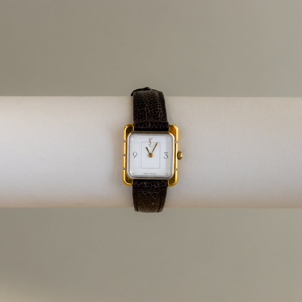 Vintage YSL Square Brown Strap Gold Watch