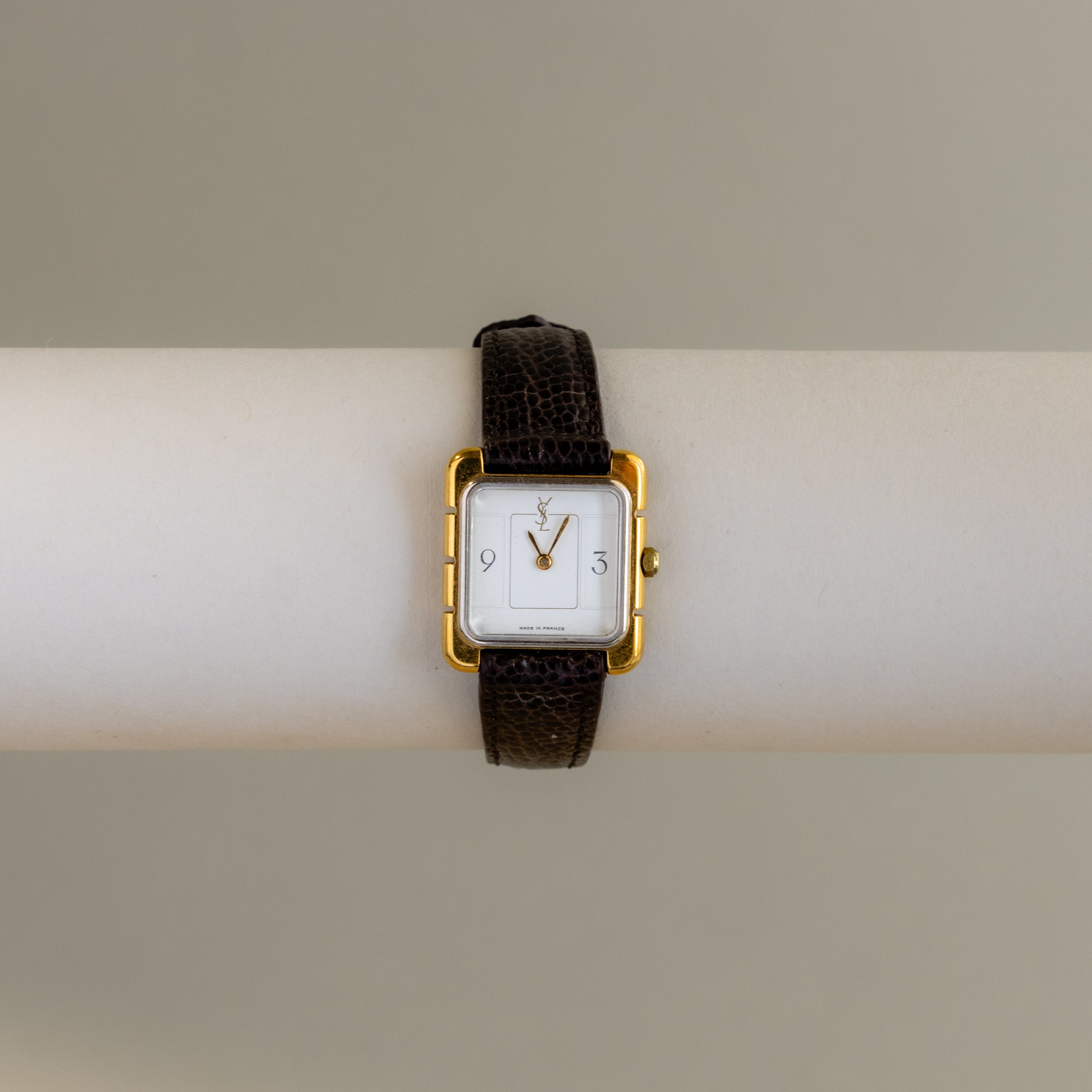 Vintage YSL Square Brown Strap Gold Watch