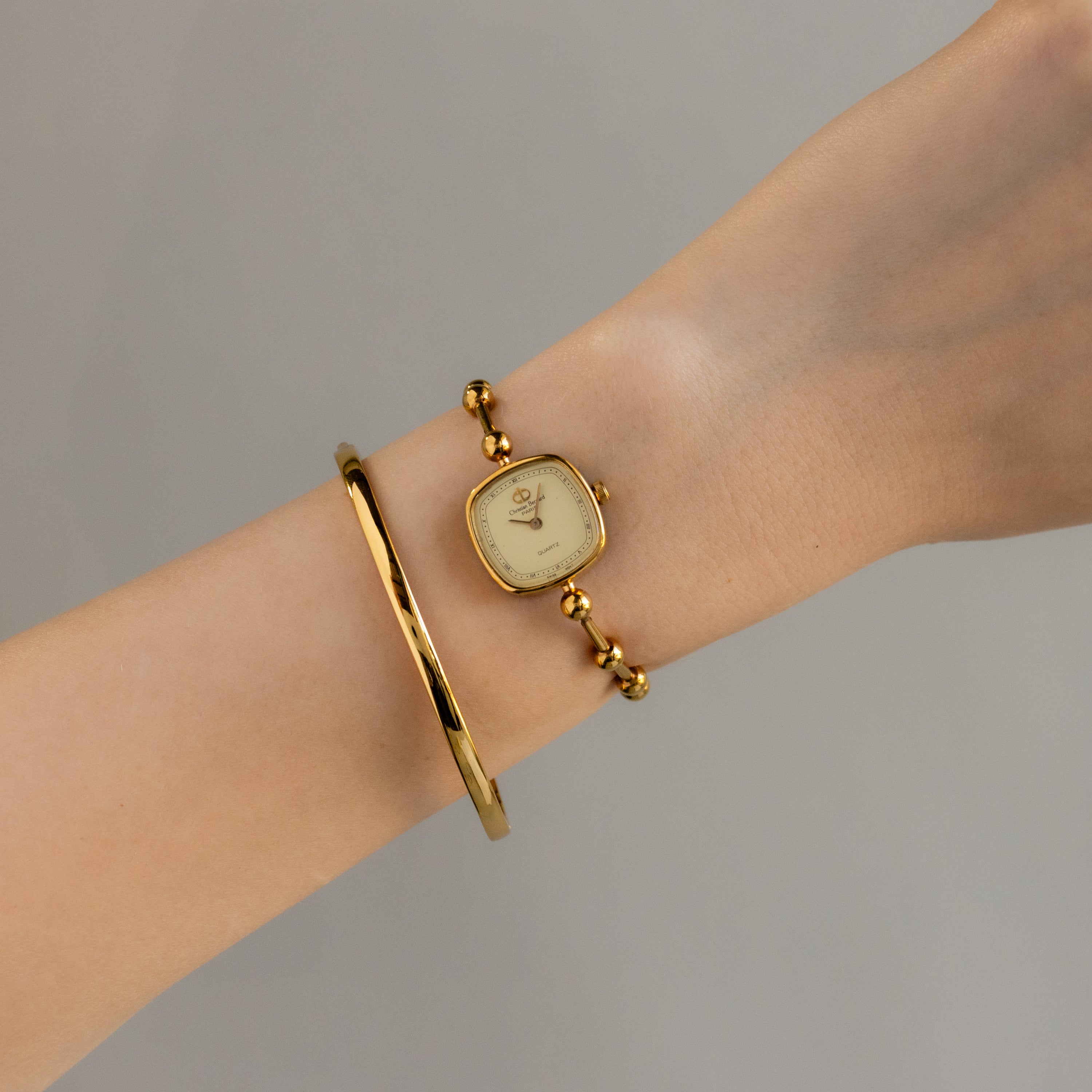 Vintage Christian Bernard Swiss Beaded Square Gold Watch