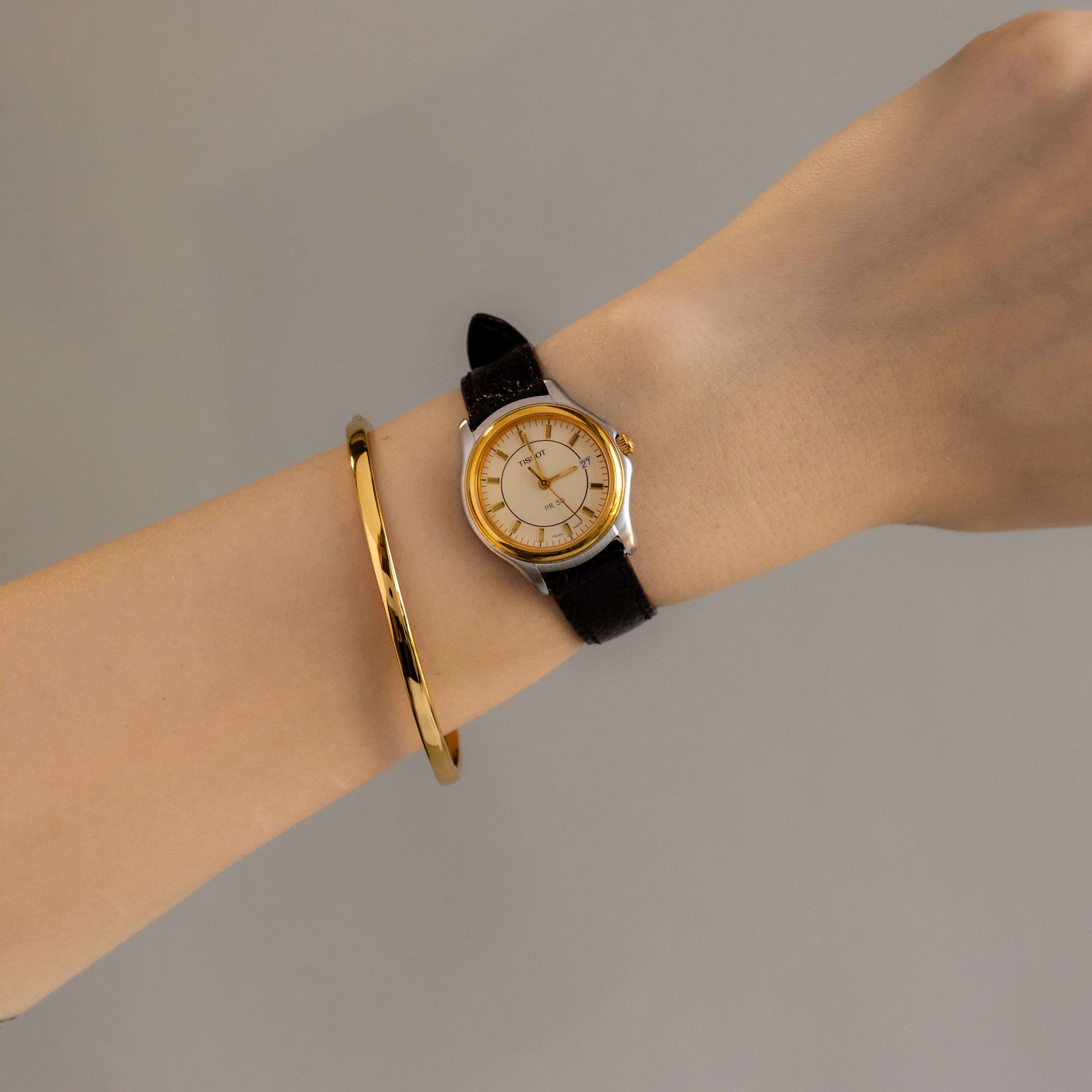Vintage Tissot Swiss Brown Strap Two Tone Watch