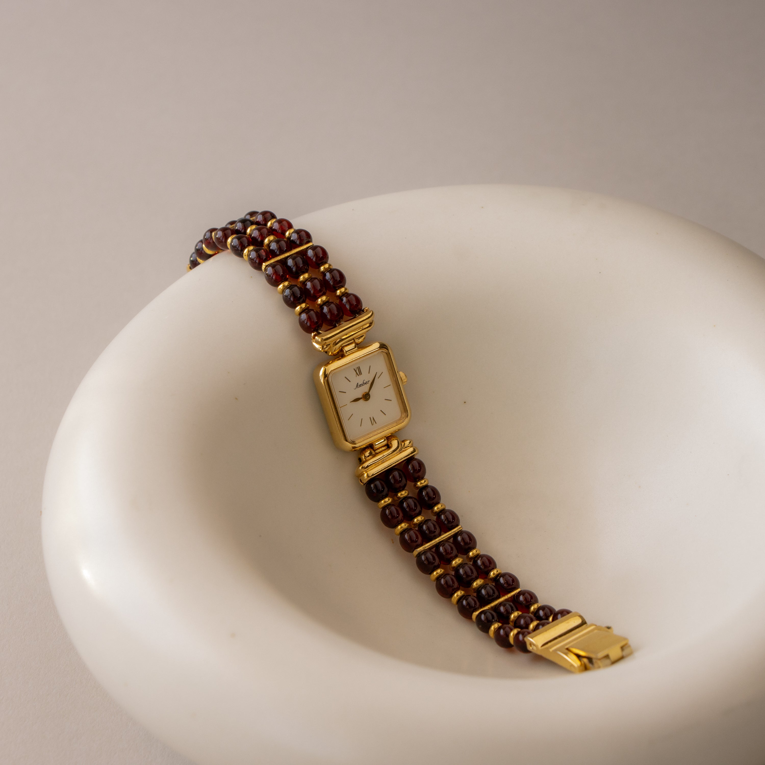 Vintage Amber Red Beaded Gold Watch