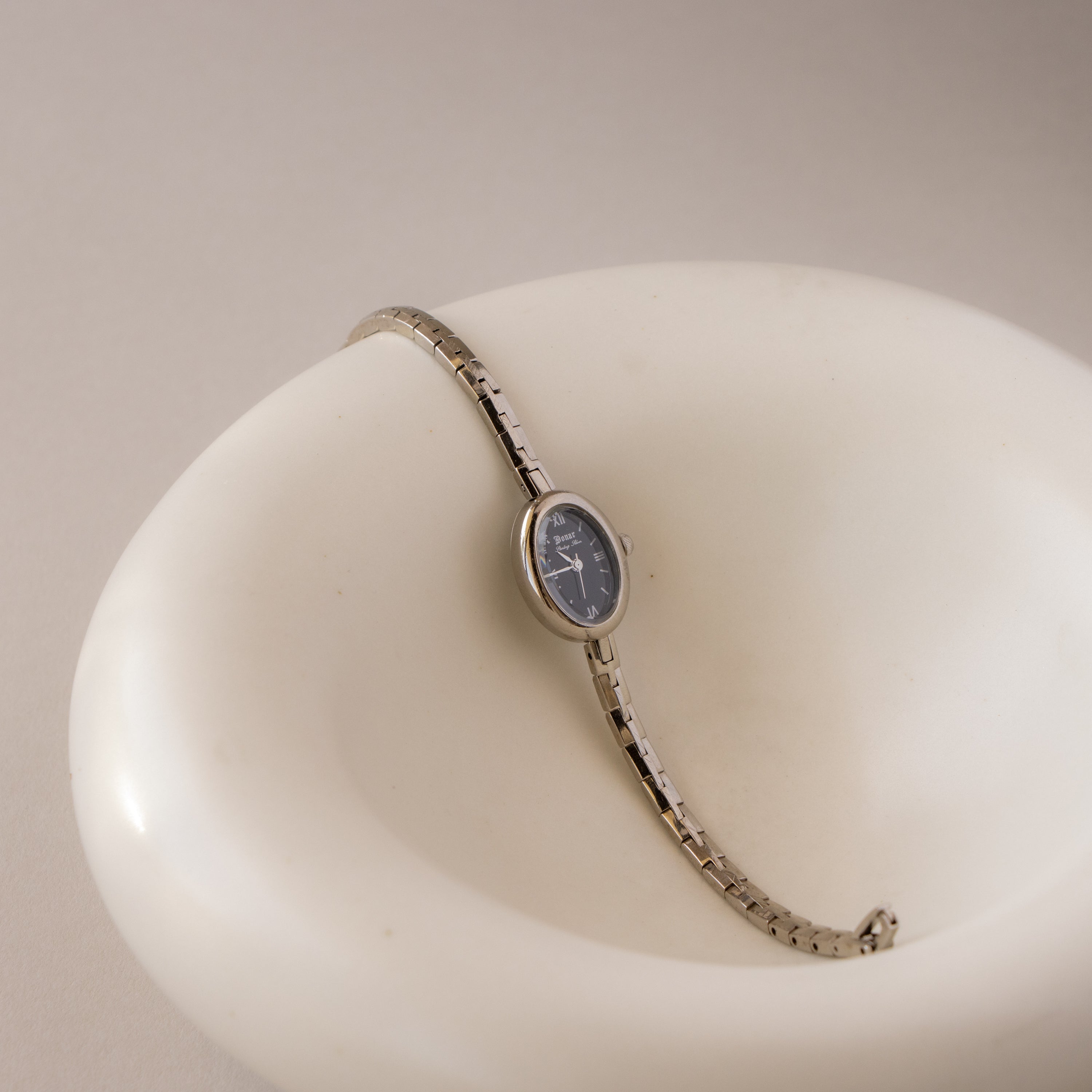 Vintage Donar Midnight Oval Silver Watch