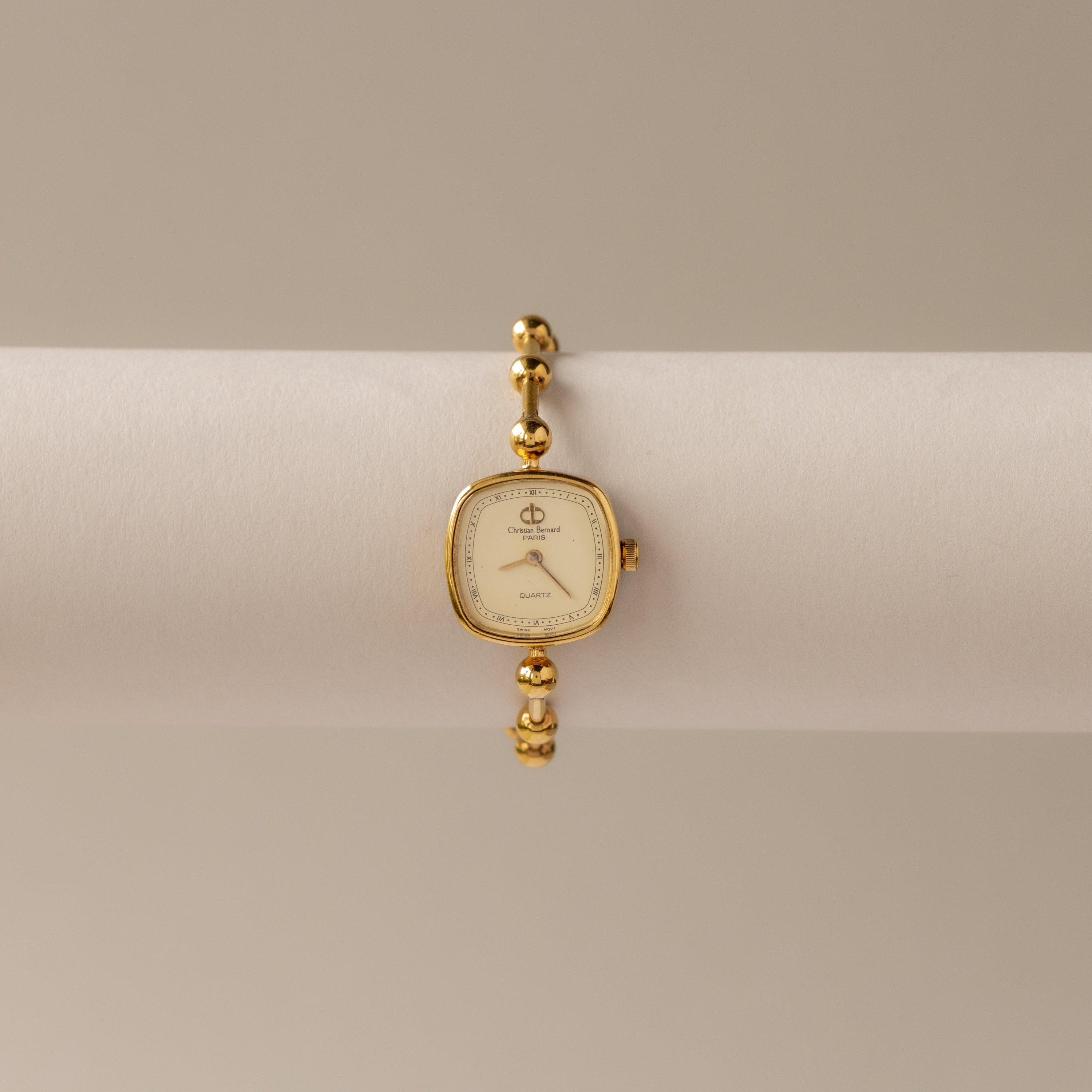 Vintage Christian Bernard Swiss Beaded Square Gold Watch